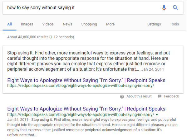 A screen shot of the google search results for "how to say sorry without saying it" from 2011.