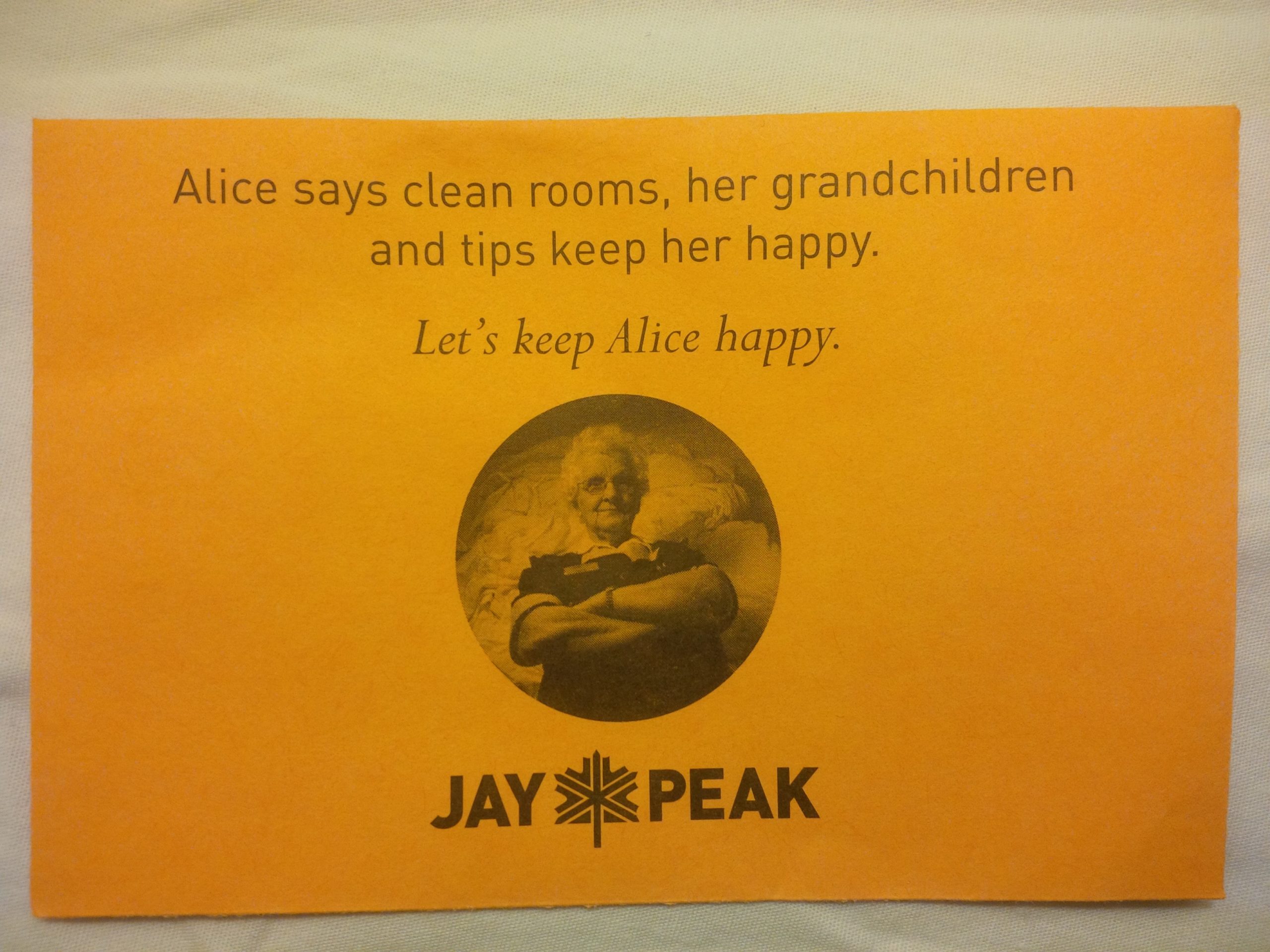 Jay Peak housekeeping tip envelope