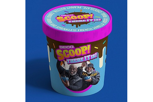 Blue ice cream carton with pink band, showing Geico's new Scoop, There It Is ice cream with hip hop duo Tag Team and Mikey Likes It Ice Cream.